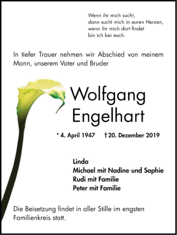 Traueranzeige von Wolfgang Engelhart von Mannheimer Morgen