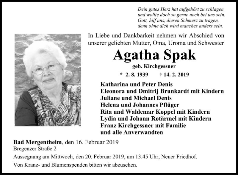  Traueranzeige für Agatha Spak vom 16.02.2019 aus Fränkische Nachrichten