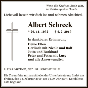 Traueranzeige von Albert Schreck von Fränkische Nachrichten
