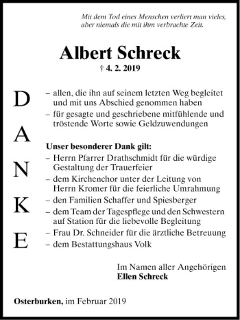 Traueranzeige von Albert Schreck von Fränkische Nachrichten