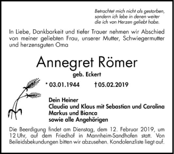 Traueranzeige von Annegret Römer von Mannheimer Morgen