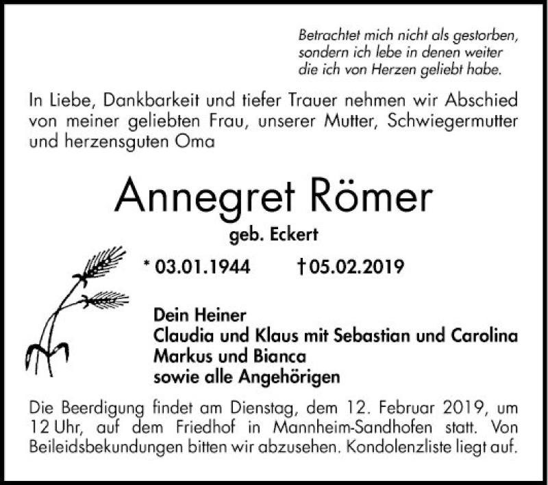  Traueranzeige für Annegret Römer vom 09.02.2019 aus Mannheimer Morgen
