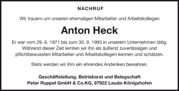 Traueranzeige von Anton Heck von Fränkische Nachrichten