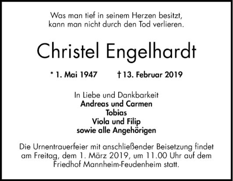  Traueranzeige für Christel Engelhardt vom 23.02.2019 aus Mannheimer Morgen