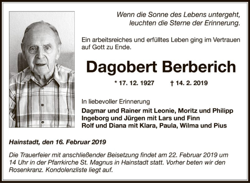  Traueranzeige für Dagobert Berberich vom 16.02.2019 aus Fränkische Nachrichten