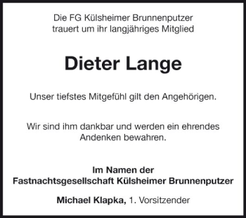 Traueranzeige von Dieter Lange von Fränkische Nachrichten