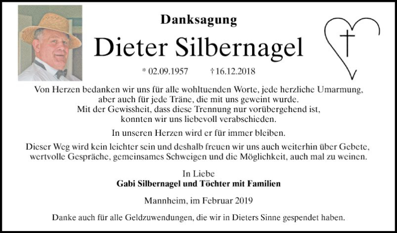  Traueranzeige für Dieter Silbernagel vom 02.02.2019 aus Mannheimer Morgen