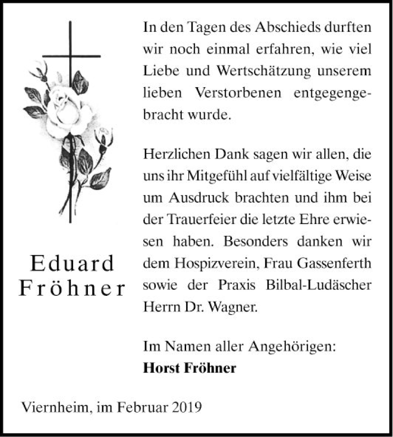 Traueranzeige für Eduard Fröhner vom 09.02.2019 aus Südhessen Morgen