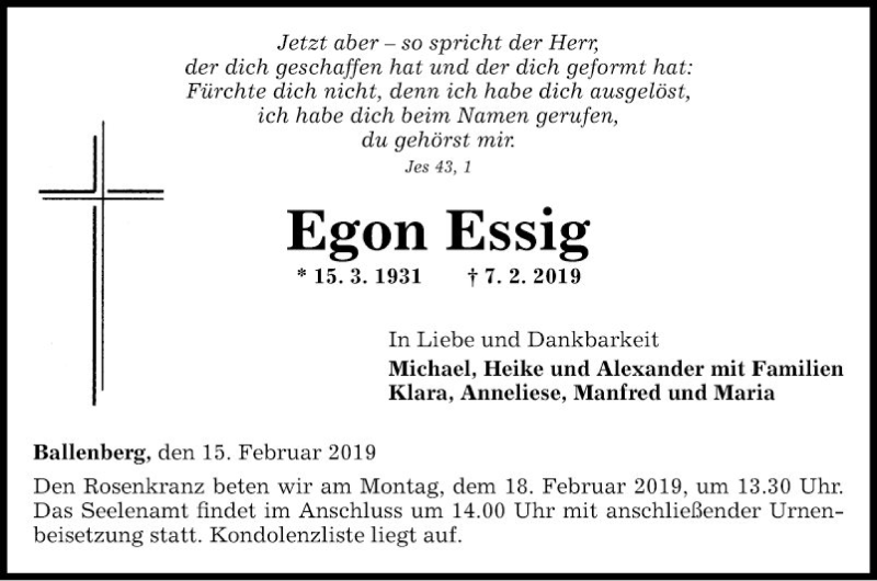  Traueranzeige für Egon Essig vom 15.02.2019 aus Fränkische Nachrichten