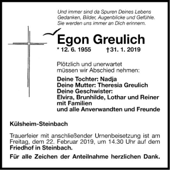 Traueranzeige von Egon Greulich von Fränkische Nachrichten