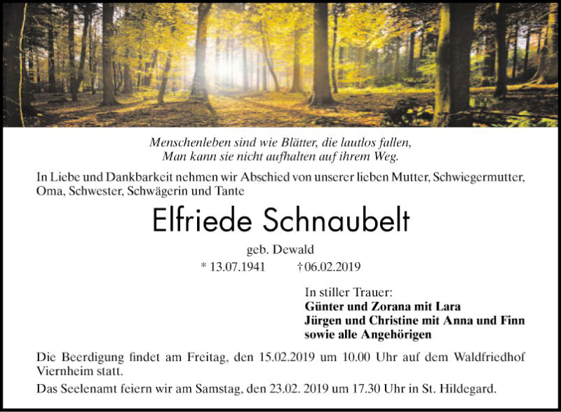  Traueranzeige für Elfriede Schnaubelt vom 09.02.2019 aus Südhessen Morgen