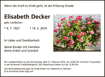 Traueranzeige von Elisabeth Decker von Fränkische Nachrichten