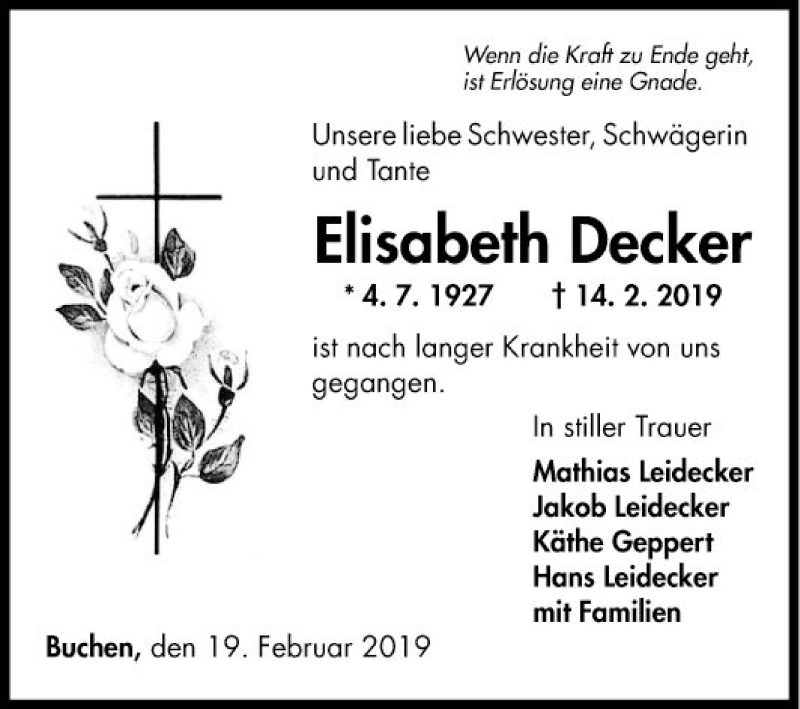  Traueranzeige für Elisabeth Decker vom 19.02.2019 aus Fränkische Nachrichten