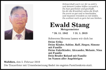 Traueranzeige von Ewald Stang von Fränkische Nachrichten