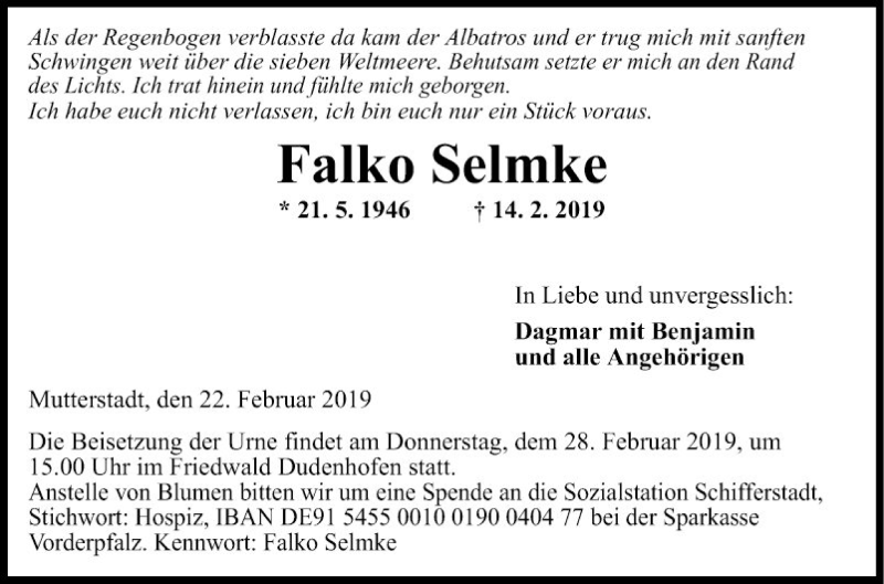  Traueranzeige für Falko Selmke vom 22.02.2019 aus Mannheimer Morgen