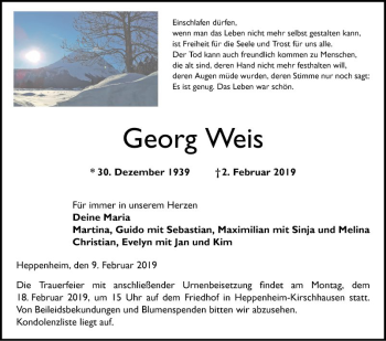 Traueranzeige von Georg Weis von Bergsträßer Anzeiger