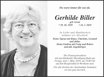 Traueranzeige von Gerhilde Biller von Fränkische Nachrichten