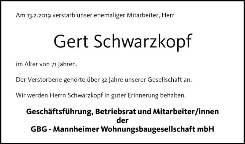  Traueranzeige für Gert Schwarzkopf vom 23.02.2019 aus Mannheimer Morgen