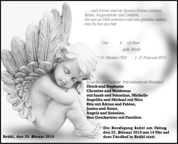 Traueranzeige von Gertrud Baar von Schwetzinger Zeitung