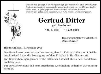 Traueranzeige von Gertrud Ditter von Fränkische Nachrichten