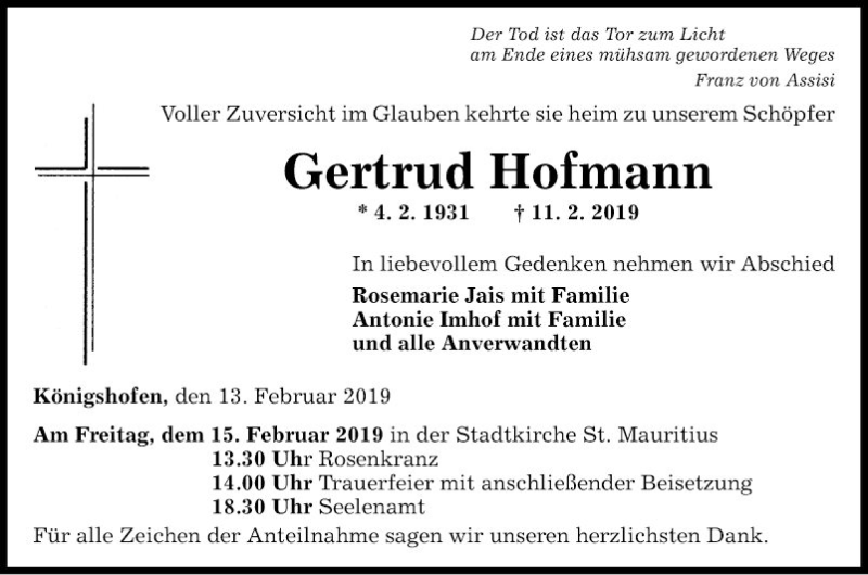  Traueranzeige für Gertrud Hofmann vom 13.02.2019 aus Fränkische Nachrichten