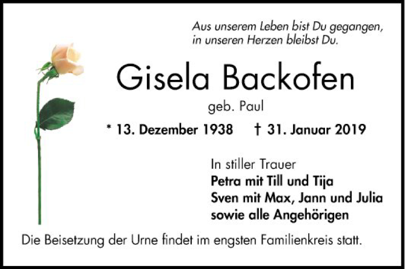  Traueranzeige für Gisela Backofen vom 09.02.2019 aus Mannheimer Morgen