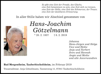 Traueranzeige von Hans-Joachim Götzelmann von Fränkische Nachrichten