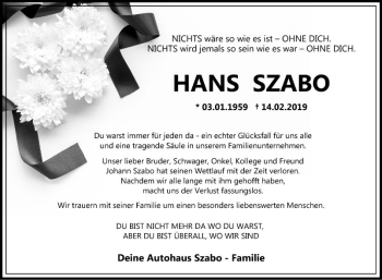 Traueranzeige von Hans Szabo von Fränkische Nachrichten