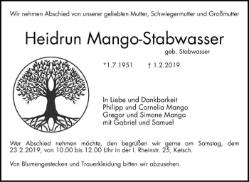 Traueranzeige von Heidrun Mango-Stabwasser von Schwetzinger Zeitung
