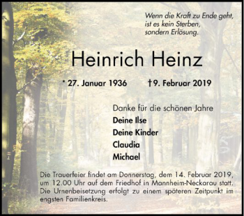 Traueranzeige von Heinrich Heinz von Mannheimer Morgen