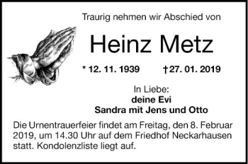 Traueranzeige von Heinz Metz von Mannheimer Morgen