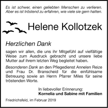 Traueranzeige von Helene Kollotzek von Mannheimer Morgen