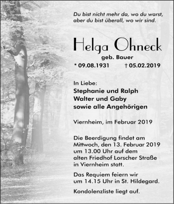 Traueranzeige von Helga Ohneck von Südhessen Morgen