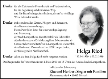 Traueranzeige von Helga Ried von Südhessen Morgen