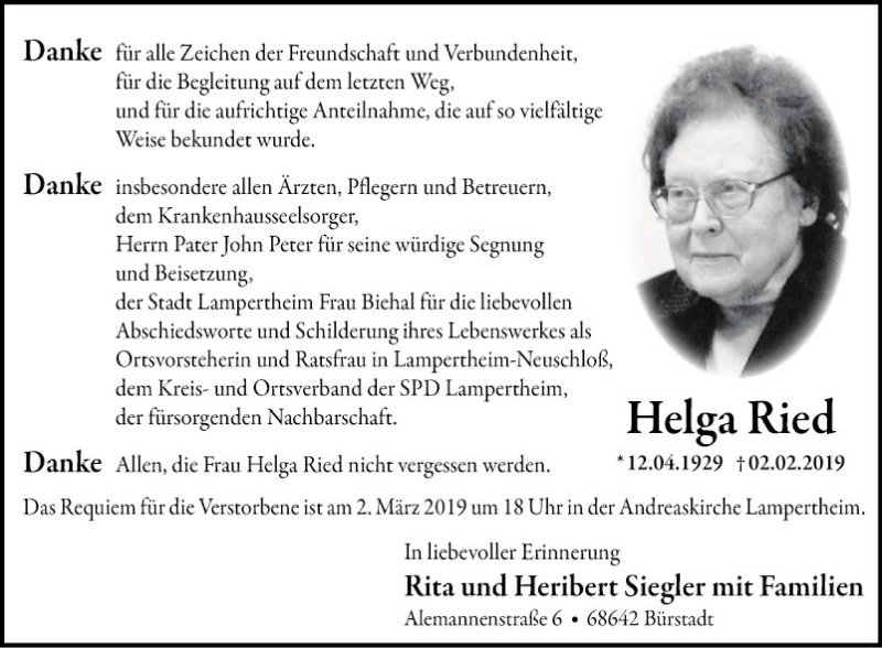  Traueranzeige für Helga Ried vom 28.02.2019 aus Südhessen Morgen