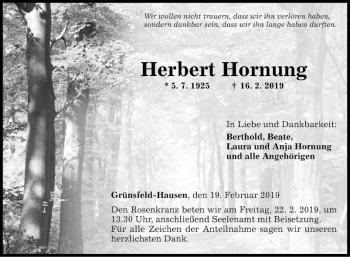 Traueranzeige von Herbert Hornung von Fränkische Nachrichten