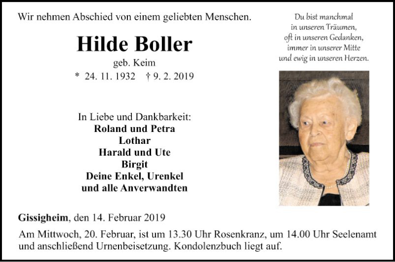  Traueranzeige für Hilde Boller vom 14.02.2019 aus Fränkische Nachrichten