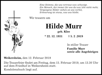 Traueranzeige von Hilde Murr von Fränkische Nachrichten