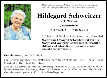 Traueranzeige von Hildegard Schweitzer von Fränkische Nachrichten