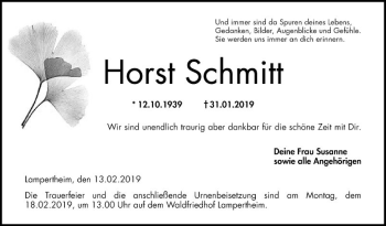 Traueranzeige von Horst Schmitt von Mannheimer Morgen