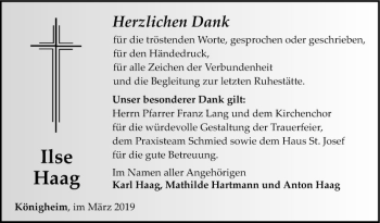 Traueranzeige von Ilse Haag von Fränkische Nachrichten