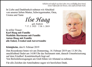 Traueranzeige von Ilse Haag von Fränkische Nachrichten