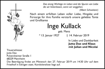 Traueranzeige von Inge Kullack von Mannheimer Morgen