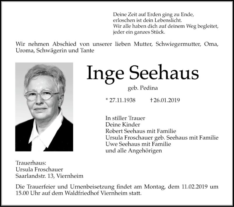  Traueranzeige für Inge Seehaus vom 08.02.2019 aus Südhessen Morgen