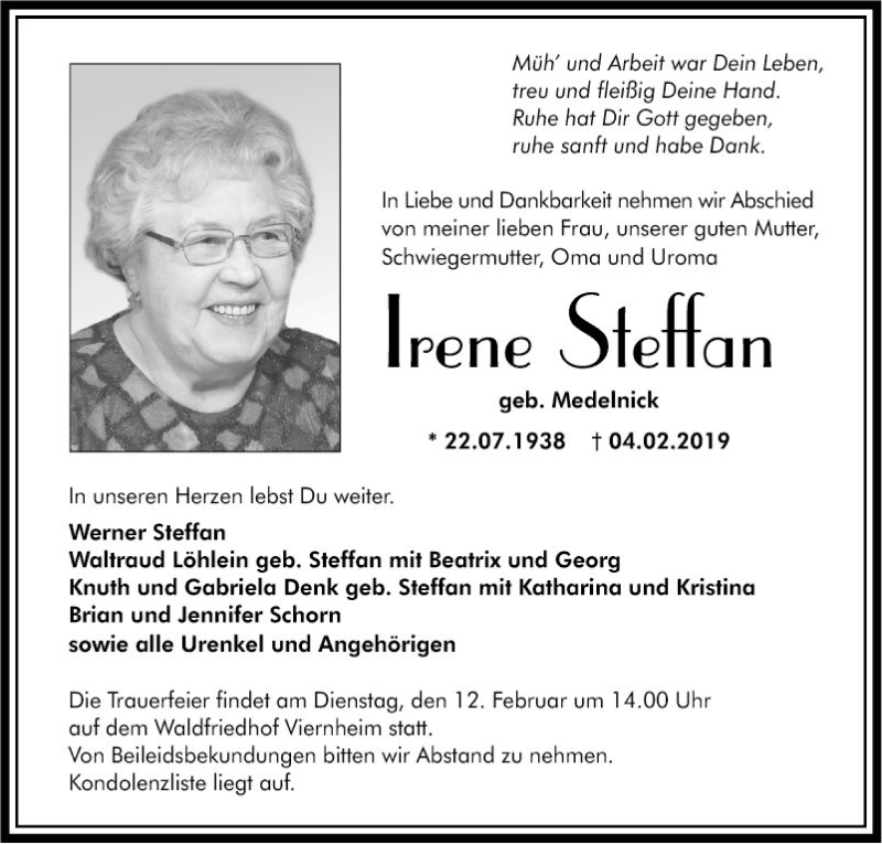 Traueranzeige für Irene Steffan vom 09.02.2019 aus Südhessen Morgen