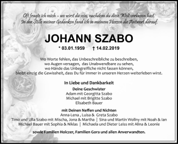 Traueranzeige von Johann Szabo von Fränkische Nachrichten