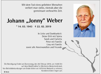Traueranzeige von Johann Jonny Weber von Fränkische Nachrichten