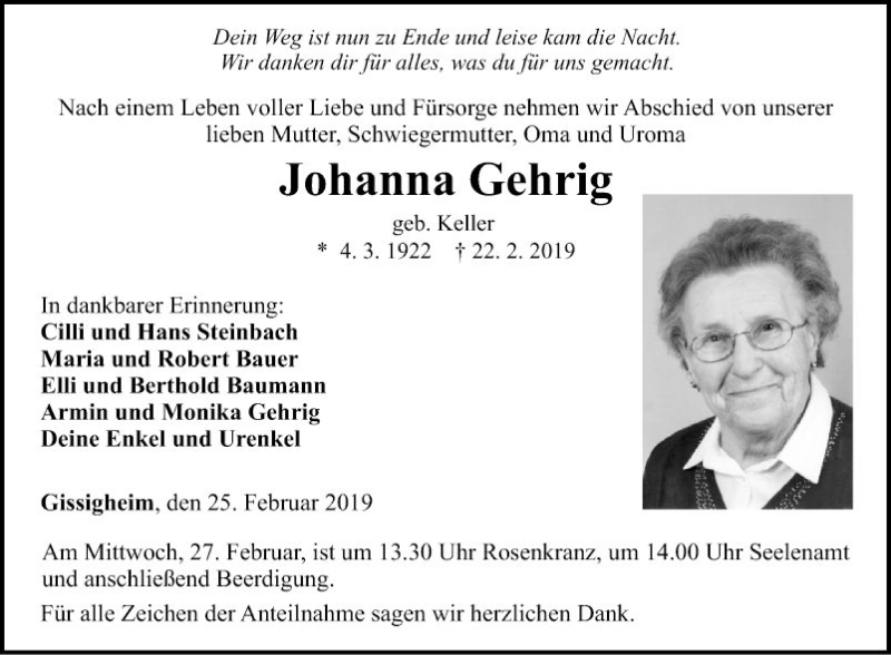  Traueranzeige für Johanna Gehrig vom 25.02.2019 aus Fränkische Nachrichten