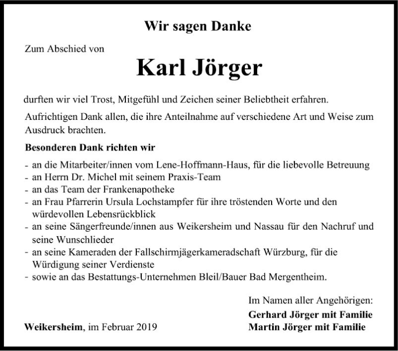  Traueranzeige für Karl Jöger vom 15.02.2019 aus Fränkische Nachrichten