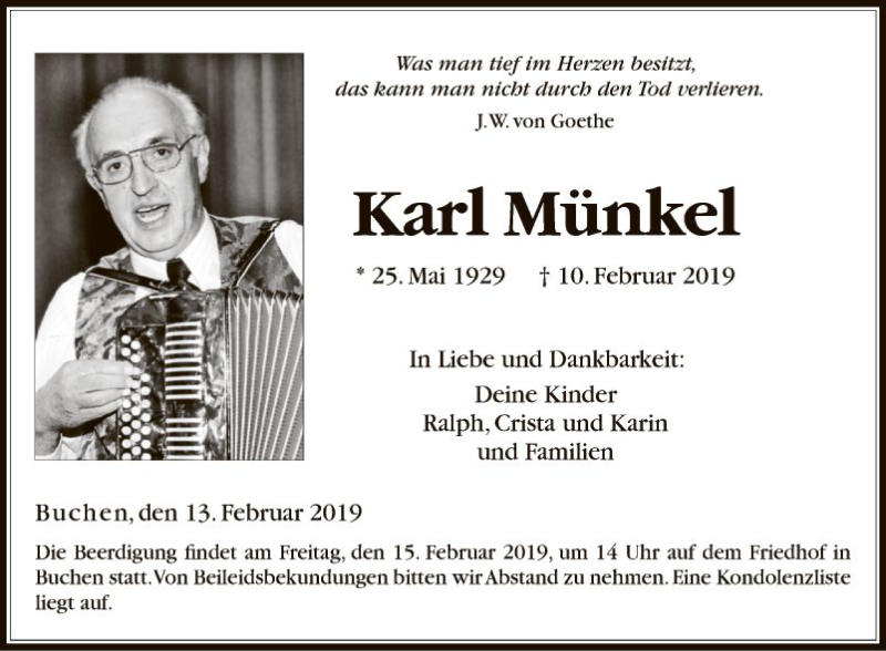  Traueranzeige für Karl Münkel vom 13.02.2019 aus Fränkische Nachrichten